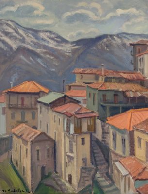 Langadia Evening with Snow-Capped Mountains — Oil painting, Canvas, 50.00×65.00cm — Theodoros Markellos